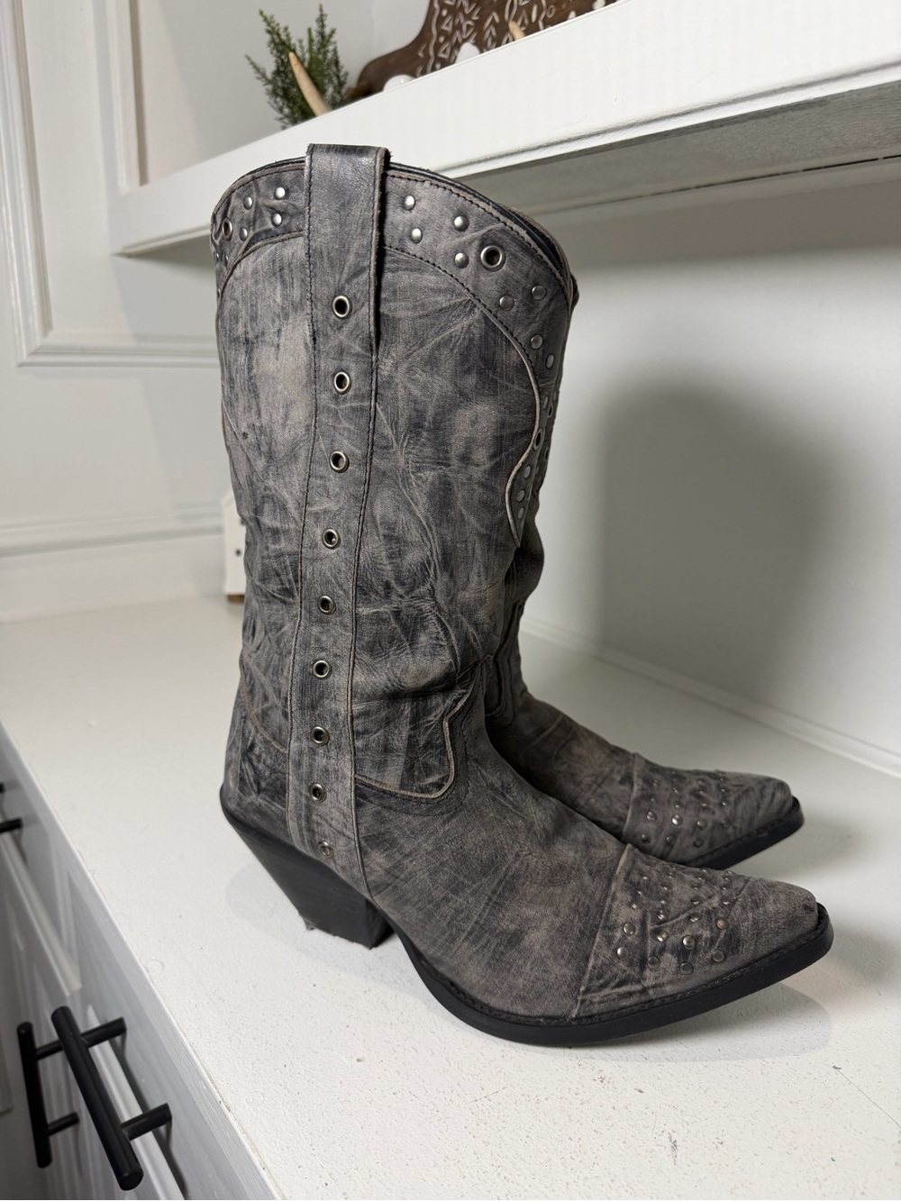 Durango Cowboy Boots Women's 10 Gray Studded Leather Western Boots Snip Toe Y2K - Picture 5 of 9